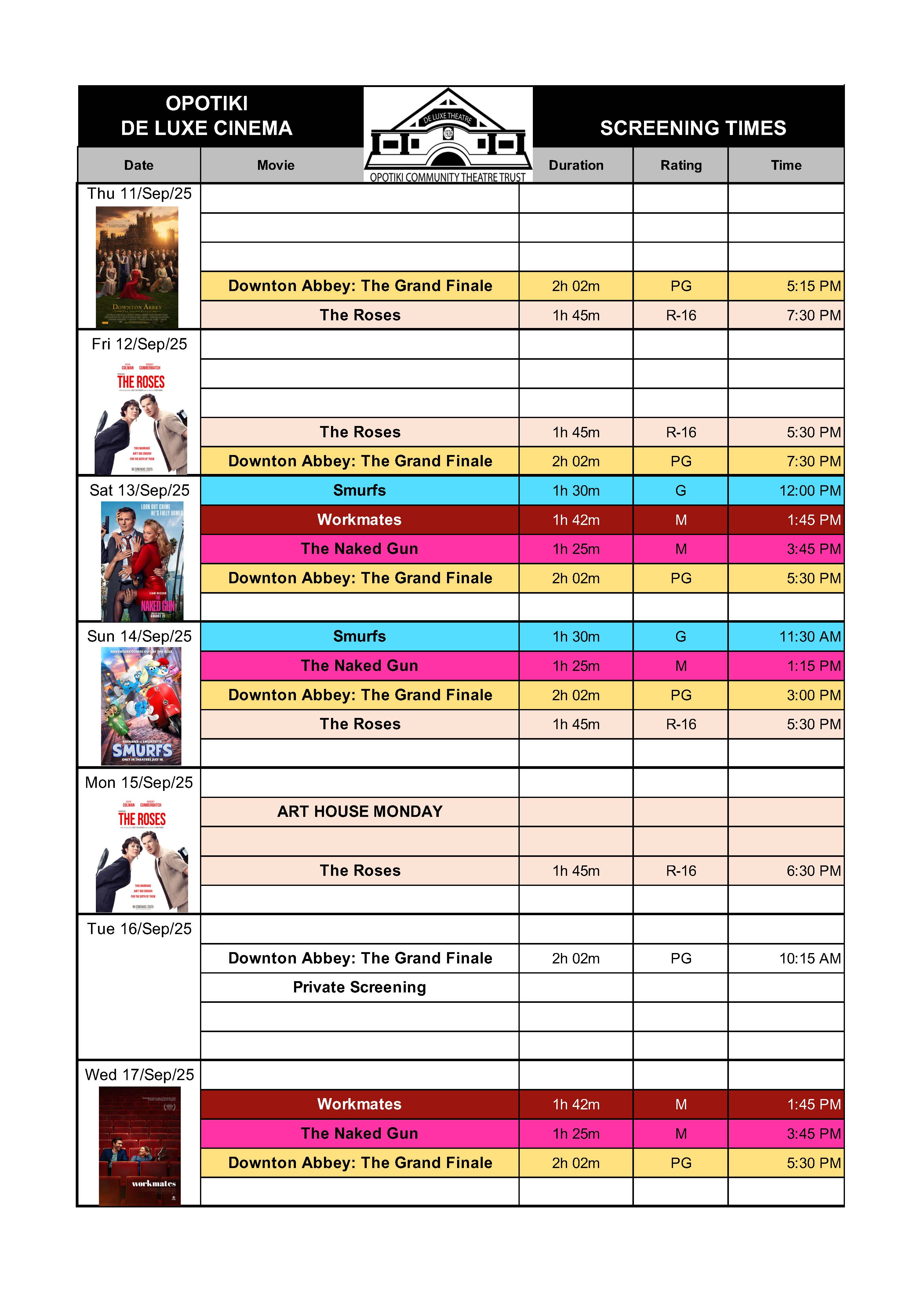 Opotiki Deluxe Theatre Movie Schedule